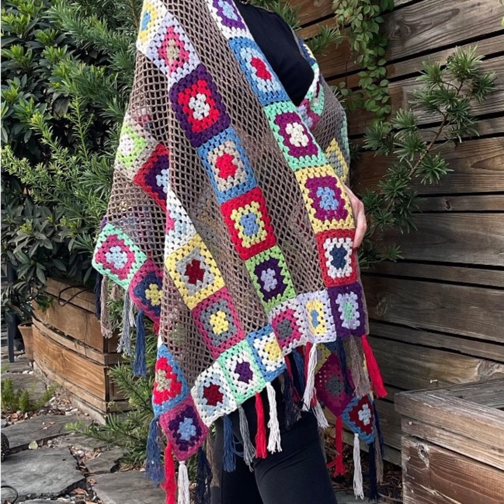 New In. Multicolor Granny Square Shawl In Vibrant… - image 1